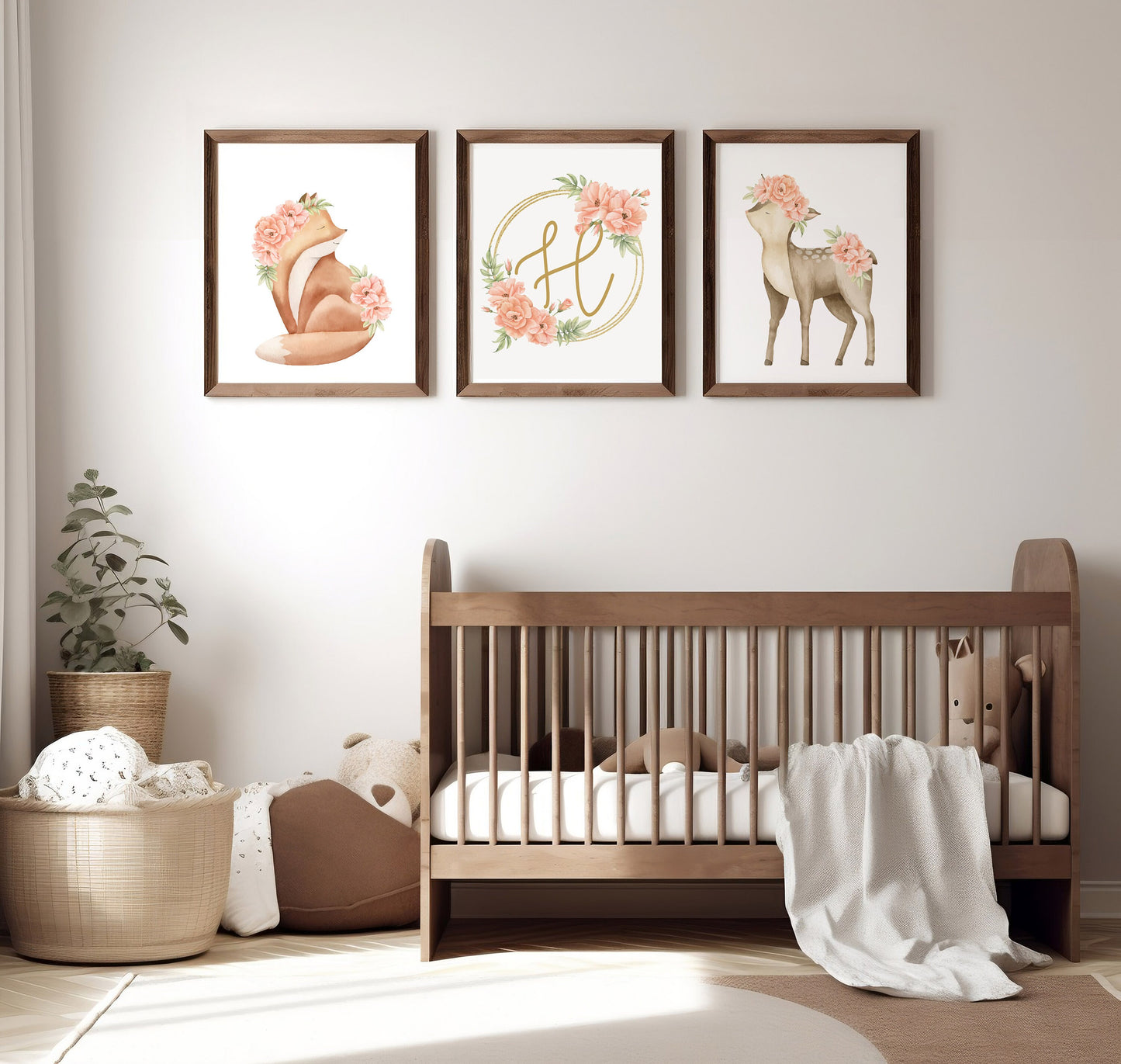 Personalized Nursery Art Prints - Deer and Fox with Floral Monogram Frame - Set of 3