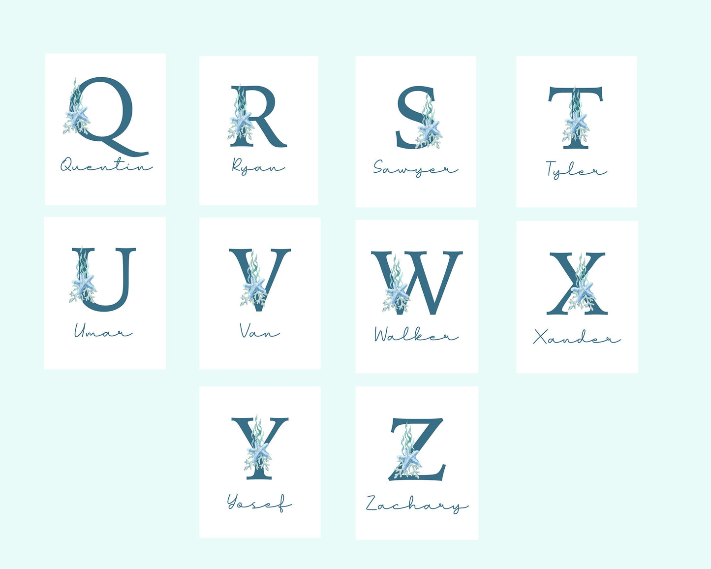 Custom Monogram Nursery Artwork, Watercolor Sea Life Whales and Sea Turtle