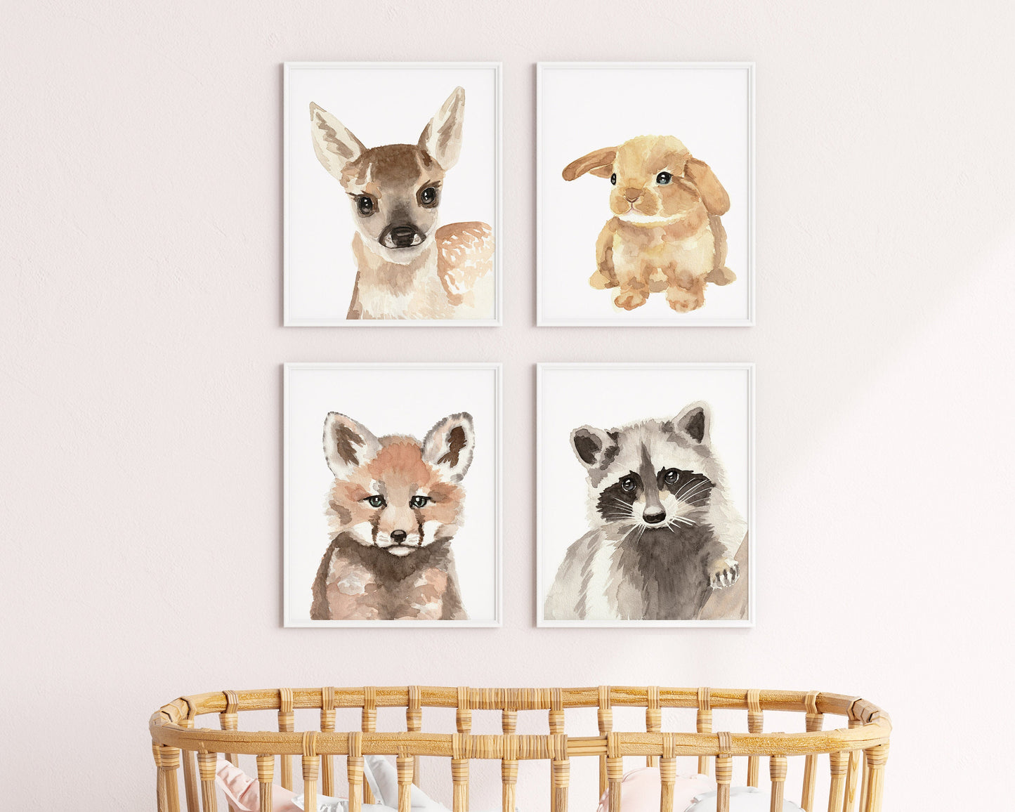 Set of 4 Woodland Baby Animals Watercolor Prints for Nursery, Child's Room Artwork