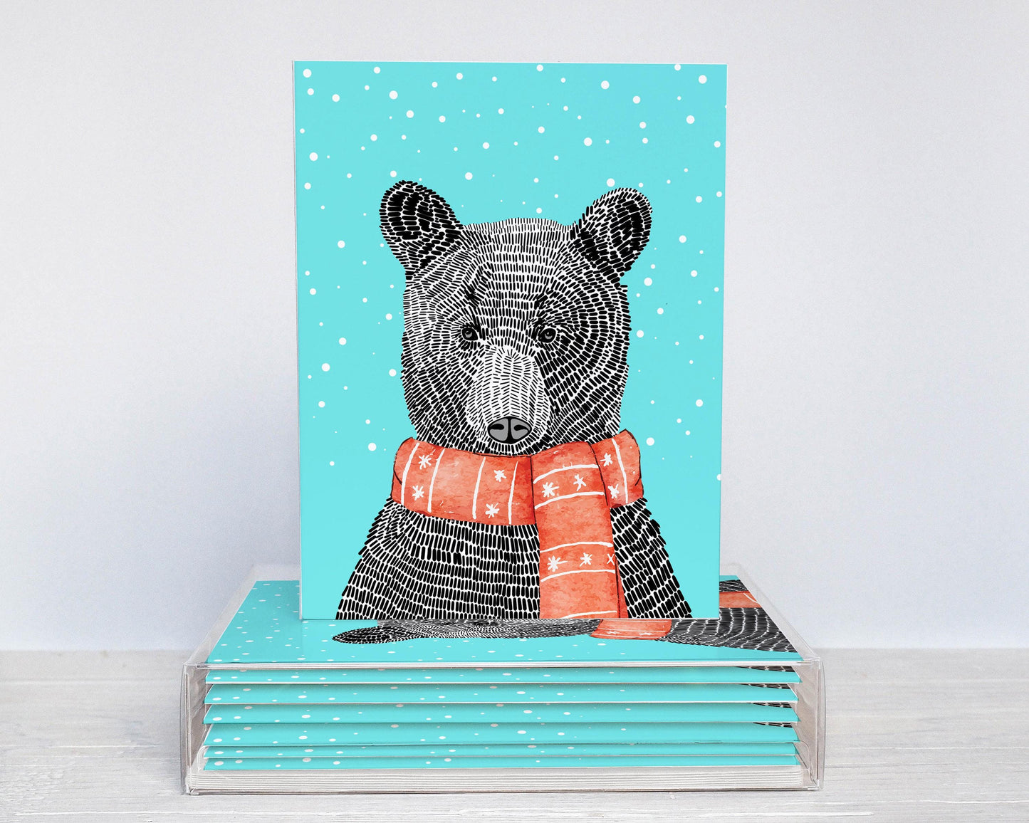 Modern Black and White Bear with Red Scarf – Set of A2 Blank Notecards