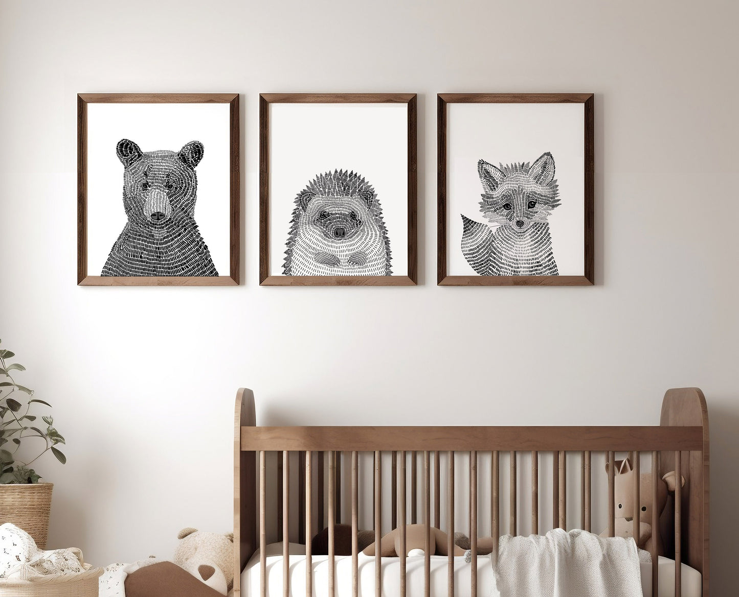 Modern Black and White Woodland Animals Nursery and Childs Room Fine Art Prints