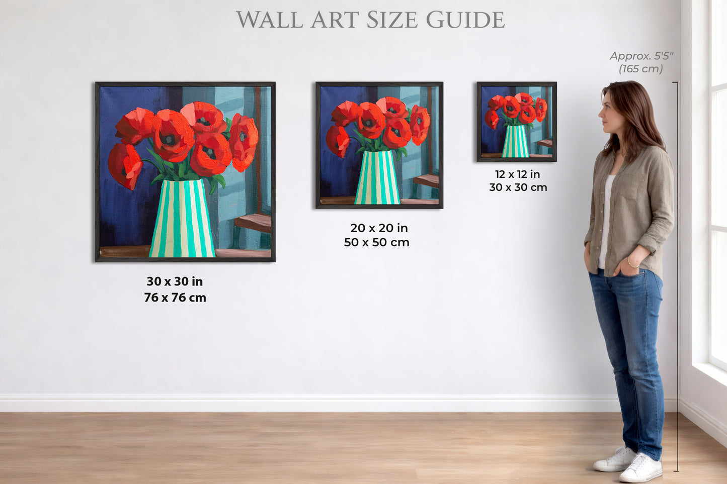 Red Poppies in Striped Vase Fine Art Print