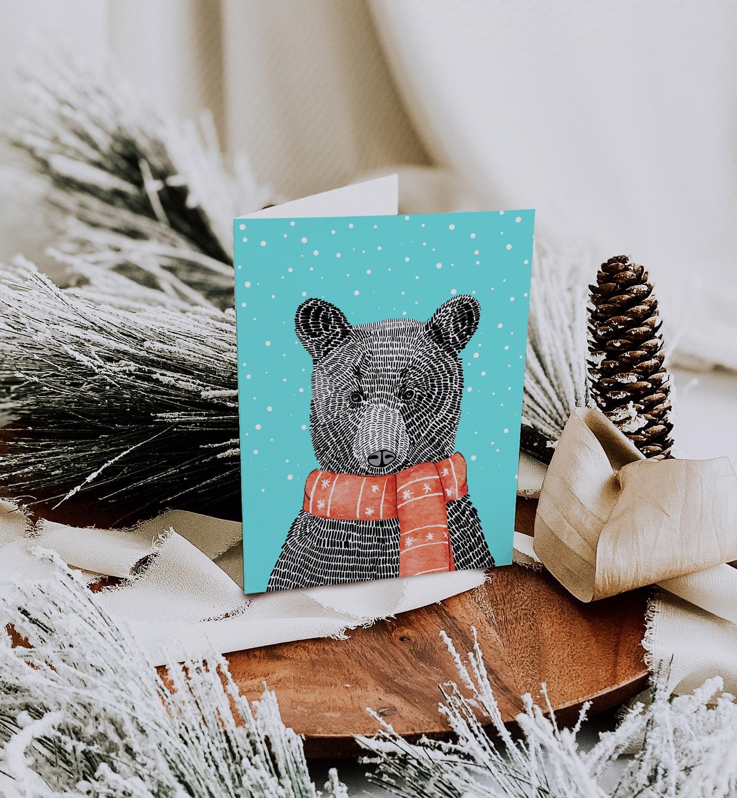 Modern Black and White Bear with Red Scarf – Set of A2 Blank Notecards