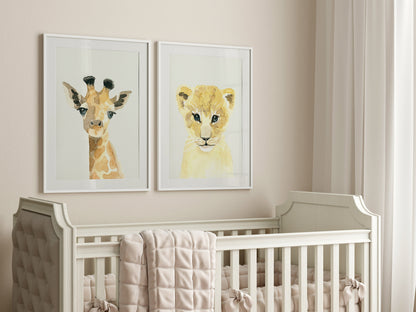 Set of 4 Baby Jungle Animal Watercolor Prints, Safari Animals, Nursery Art