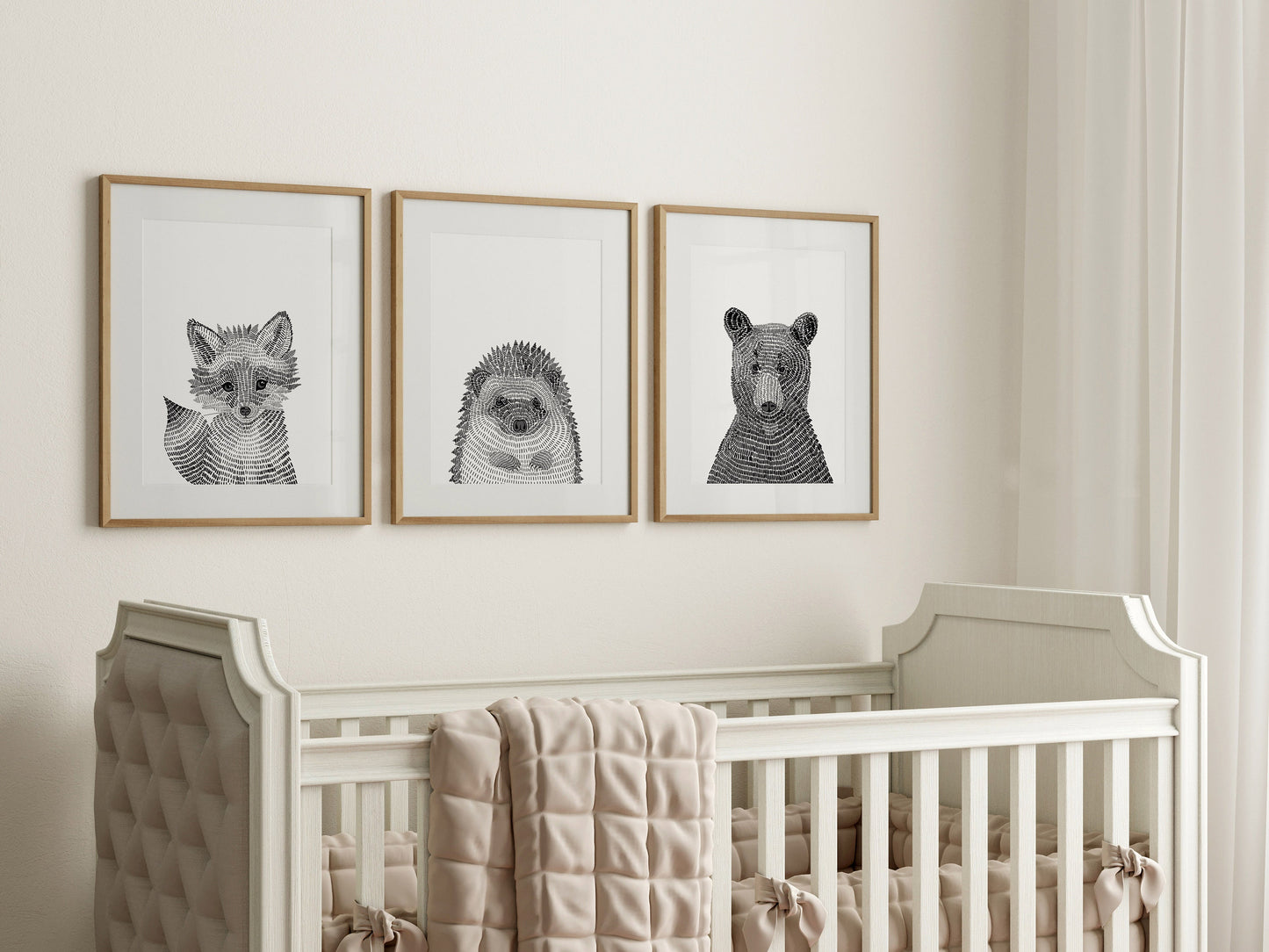 Modern Black and White Woodland Animals Nursery and Childs Room Fine Art Prints