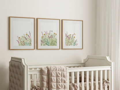 Wildflower Meadow with Purple and Yellow Flowers, Set of Watercolor Prints