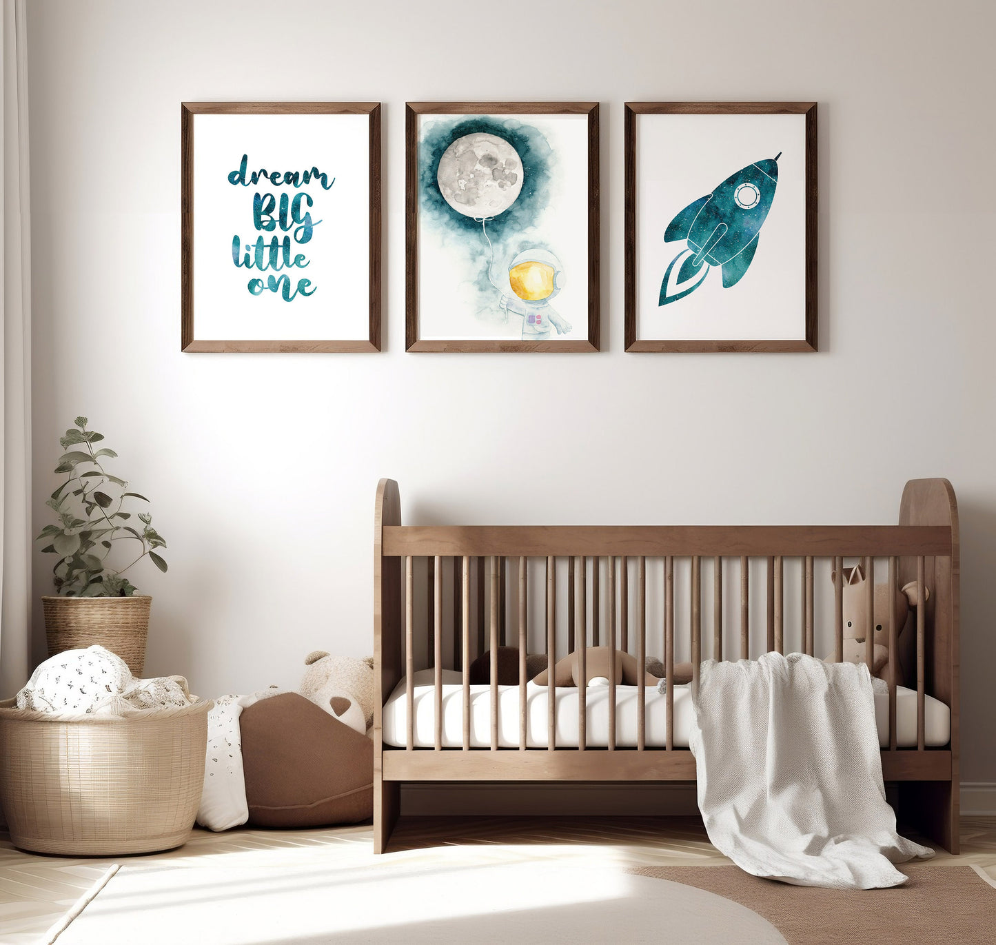 Set of 3 Outer Space Nursery Prints, Rocket and Moon, Astronaut