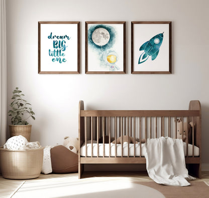 Set of 3 Outer Space Nursery Prints, Rocket and Moon, Astronaut
