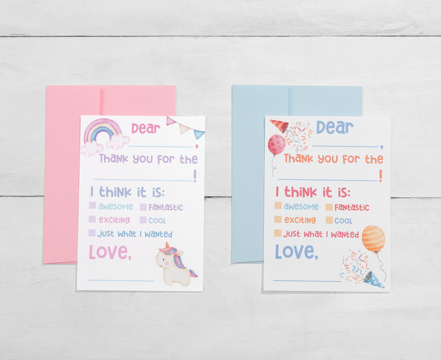 Pastel Unicorn Thank You Cards for Kids, Fill-In Style