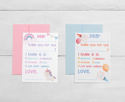 Pastel Unicorn Thank You Cards for Kids, Fill-In Style