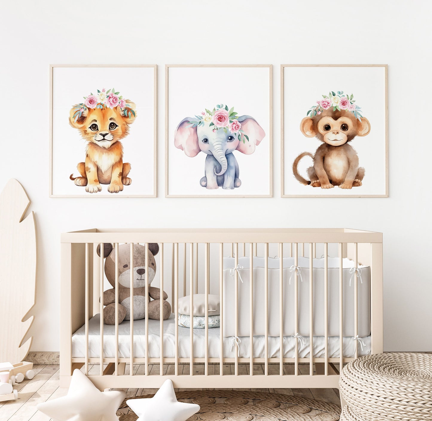 Cutest Baby Jungle Animals with Flowers, Nursery Art, Baby Girl's Room