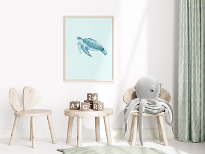 Custom Monogram Nursery Artwork, Watercolor Sea Life Whales and Sea Turtle