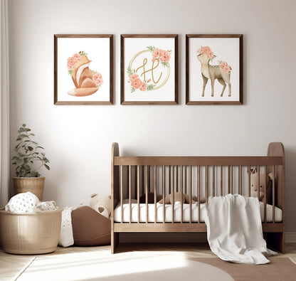 Personalized Nursery Art Prints - Deer and Fox with Floral Monogram Frame - Set of 3