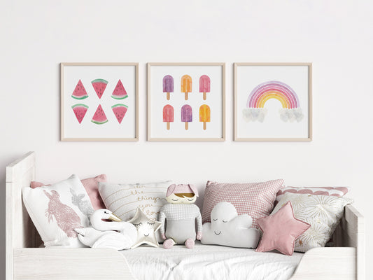 Rainbow, Watermelon, Popsicle Watercolor Prints, Nursery Wall Art