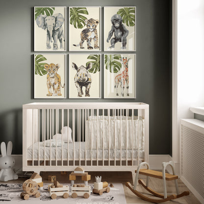 Baby Safari Animals Nursery Art Prints, Wood Cut Style