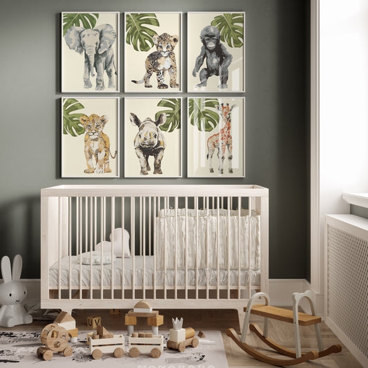 Baby Safari Animals Nursery Art Prints, Wood Cut Style