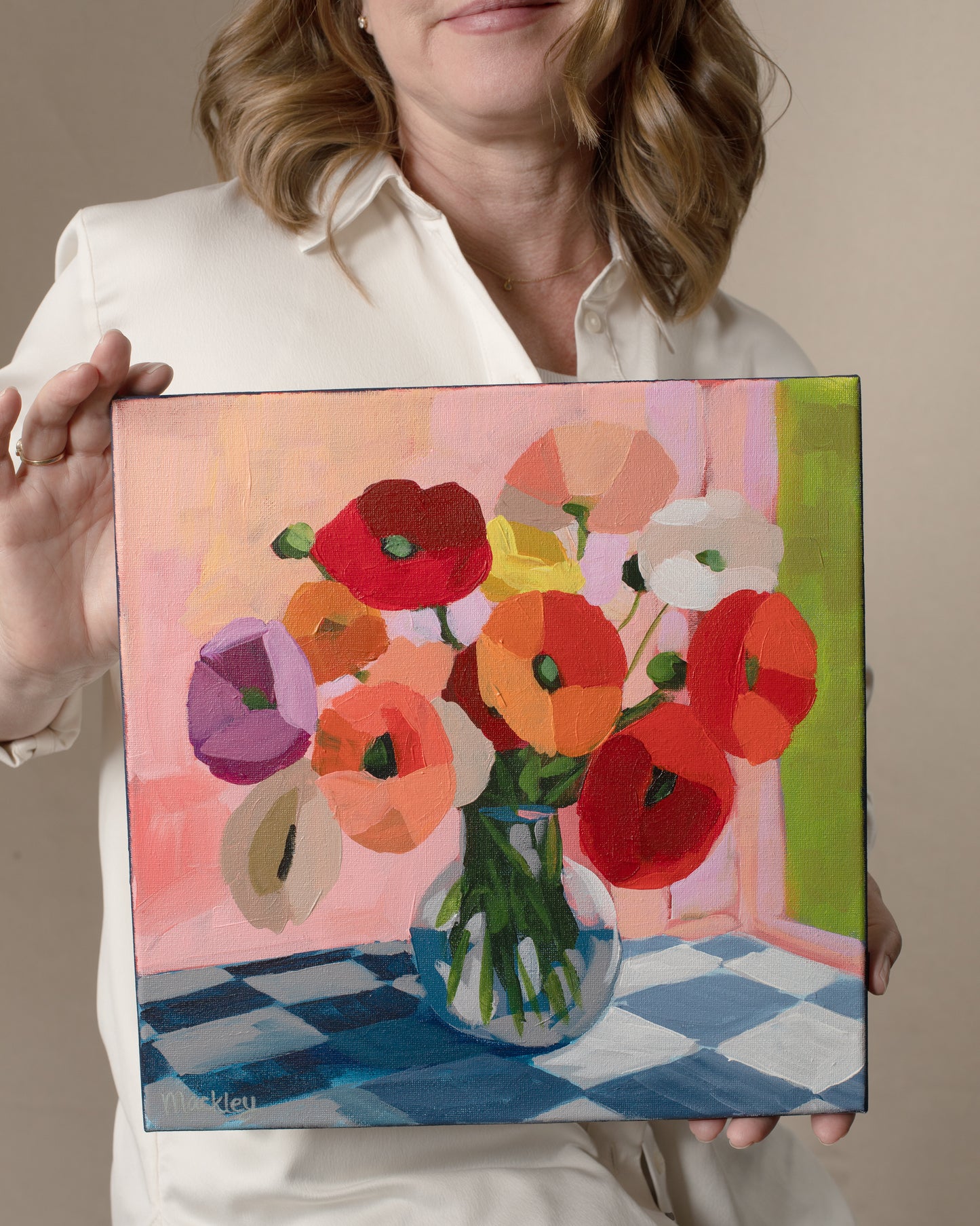 "Poppies on Checked Tile"