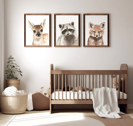 Set of 4 Woodland Baby Animals Watercolor Prints for Nursery, Child's Room Artwork