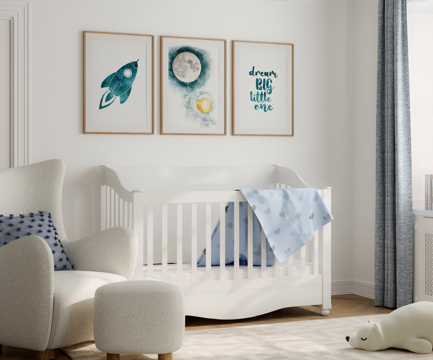 Set of 3 Outer Space Nursery Prints, Rocket and Moon, Astronaut