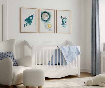 Set of 3 Outer Space Nursery Prints, Rocket and Moon, Astronaut