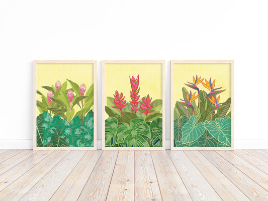Vibrant Tropical Flowers Art Deco Prints, Digital Download, Set of 3