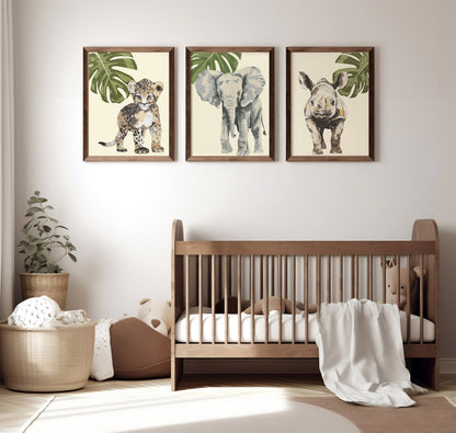 Baby Safari Animals Nursery Art Prints, Wood Cut Style