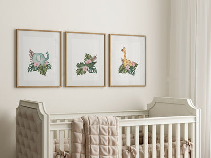 Jungle Animals and Hibiscus Flowers Nursery Art Prints