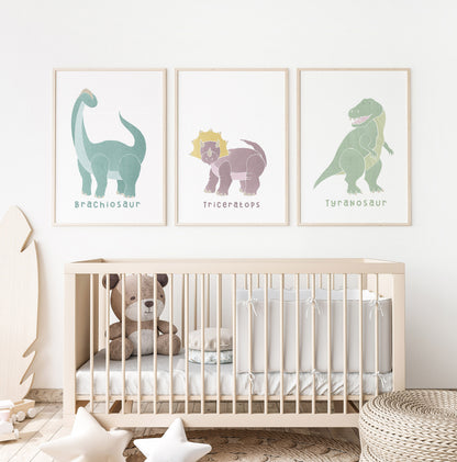 Set of 6 Dinosaur Watercolor Prints, Nursery Wall Art