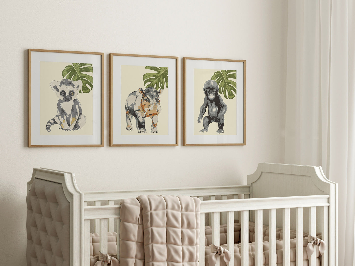 Baby Safari Animals Nursery Art Prints, Wood Cut Style
