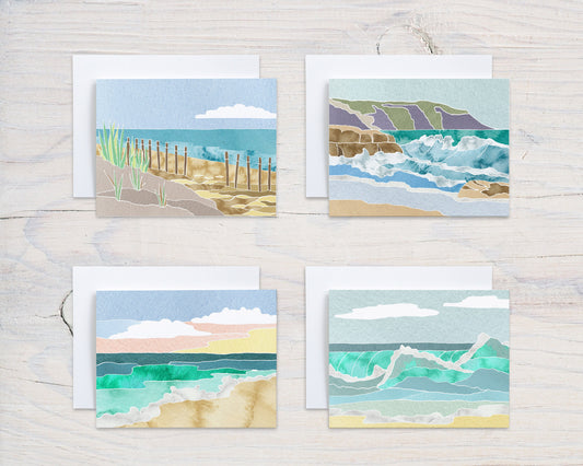 Set of 8 Beach Landscape Note Cards, Original Watercolor Minimalist Design