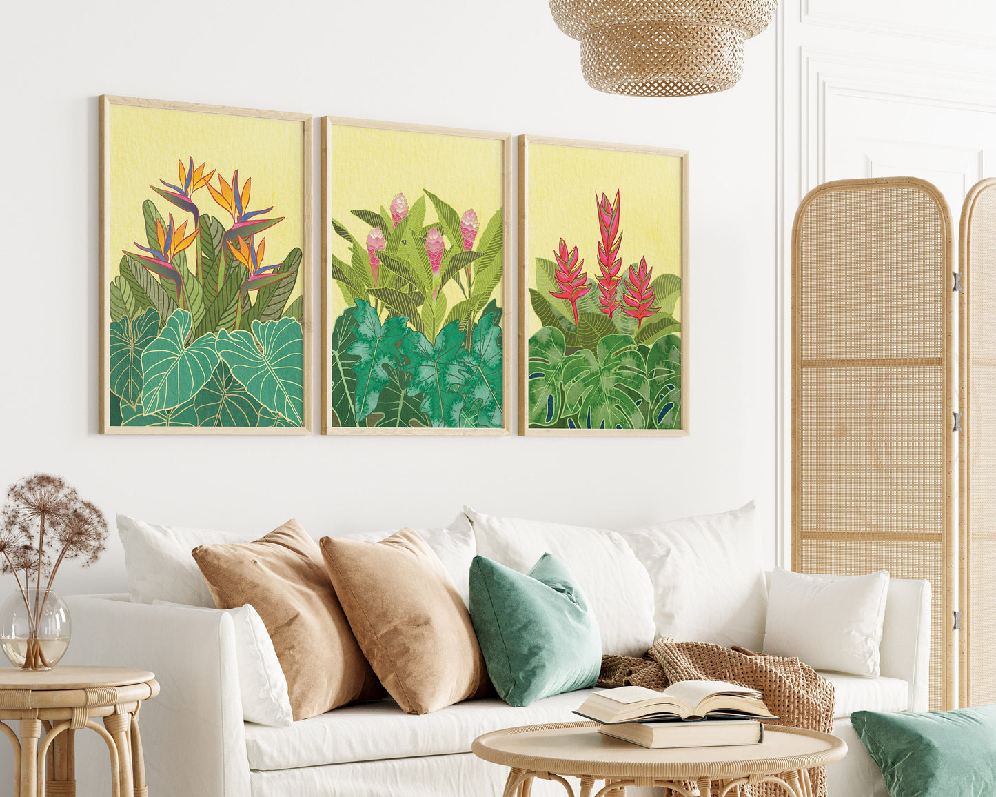 Vibrant Tropical Flowers Art Deco Prints, Digital Download, Set of 3