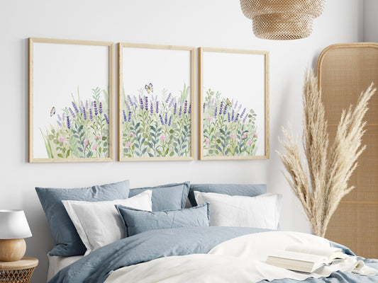 Field of Lavender Flowers, Watercolor Set of Prints, Nursery Wall Art