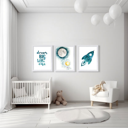Set of 3 Outer Space Nursery Prints, Rocket and Moon, Astronaut
