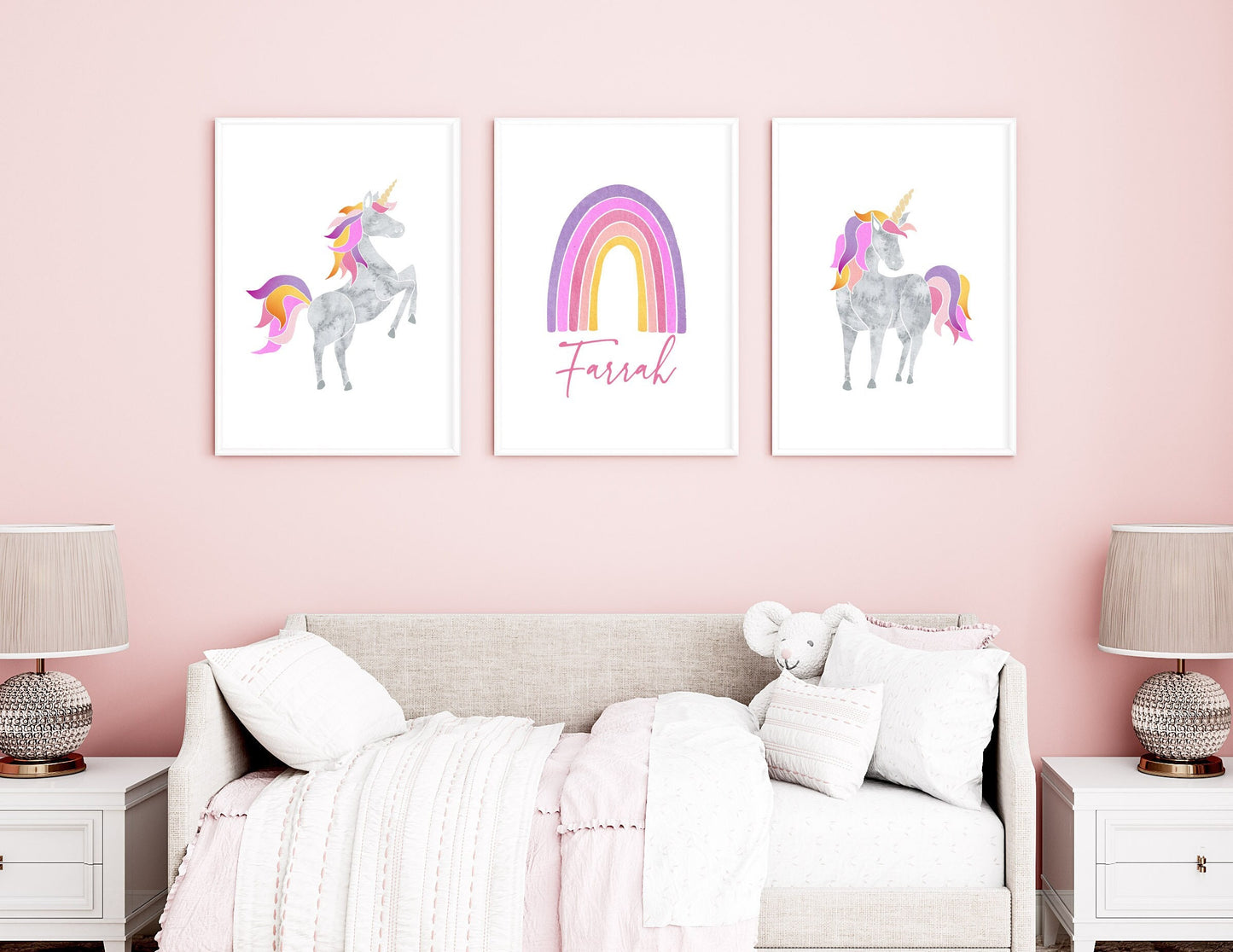 Personalized Monogram Rainbow Unicorn Child's Room Art Prints