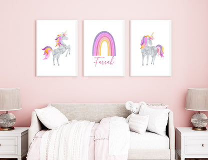 Personalized Monogram Rainbow Unicorn Child's Room Art Prints