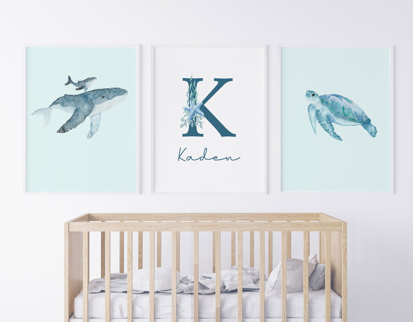 Custom Monogram Nursery Artwork, Watercolor Sea Life Whales and Sea Turtle