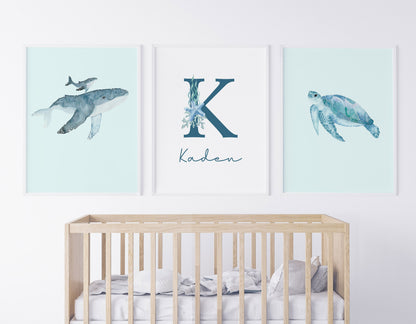 Custom Monogram Nursery Artwork, Watercolor Sea Life Whales and Sea Turtle