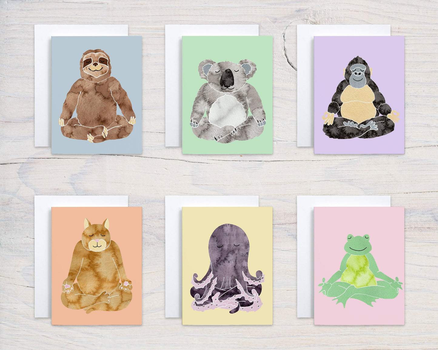 Yoga Animal Note Cards: Meditating Animal Art, Set of 6