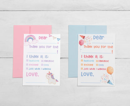 Cheerful Balloons and Hats Fill-In Thank You Cards for Children
