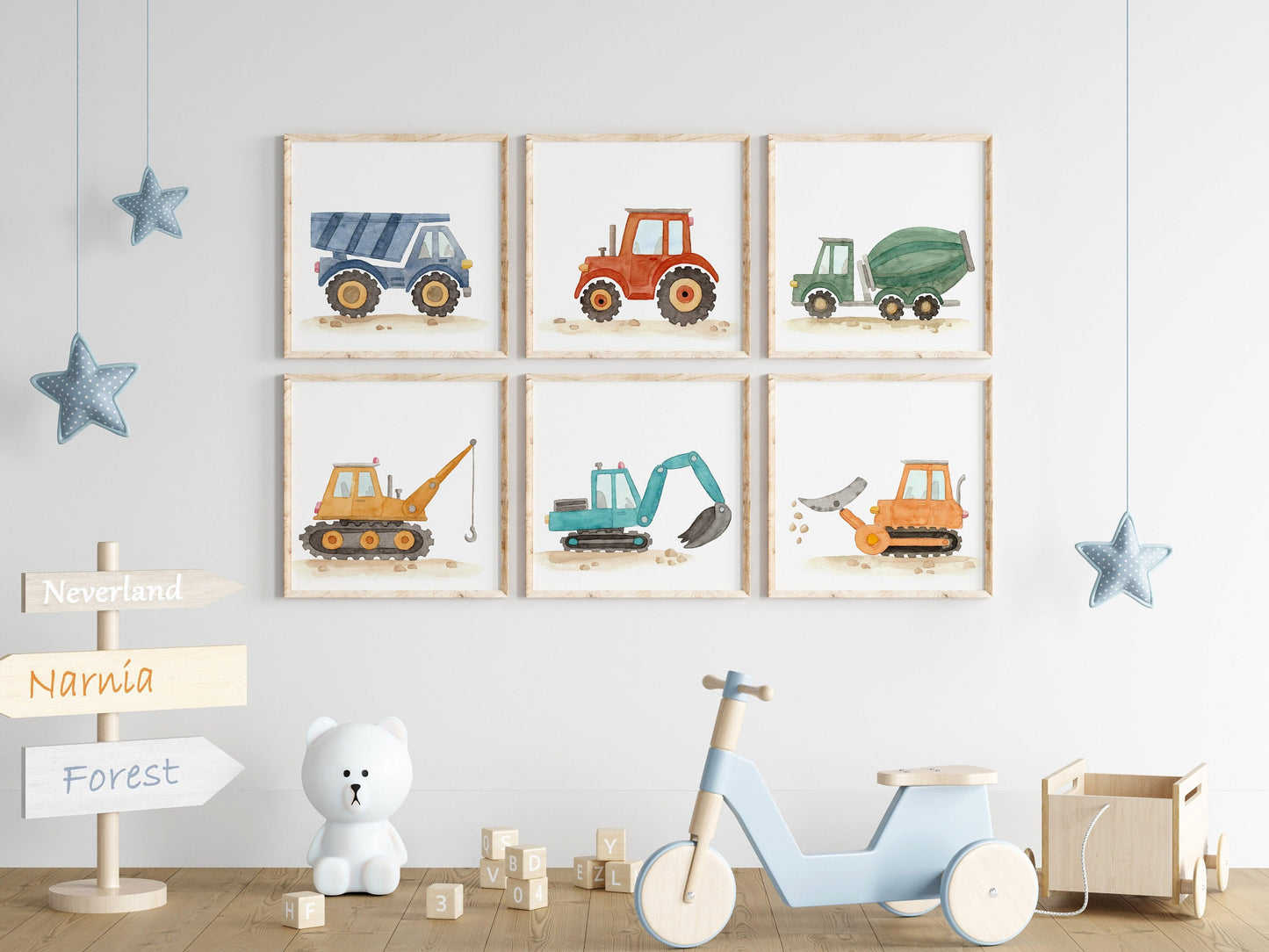 Set of 6 Construction Truck Nursery Art, Watercolor Prints, Boy's Room Decor