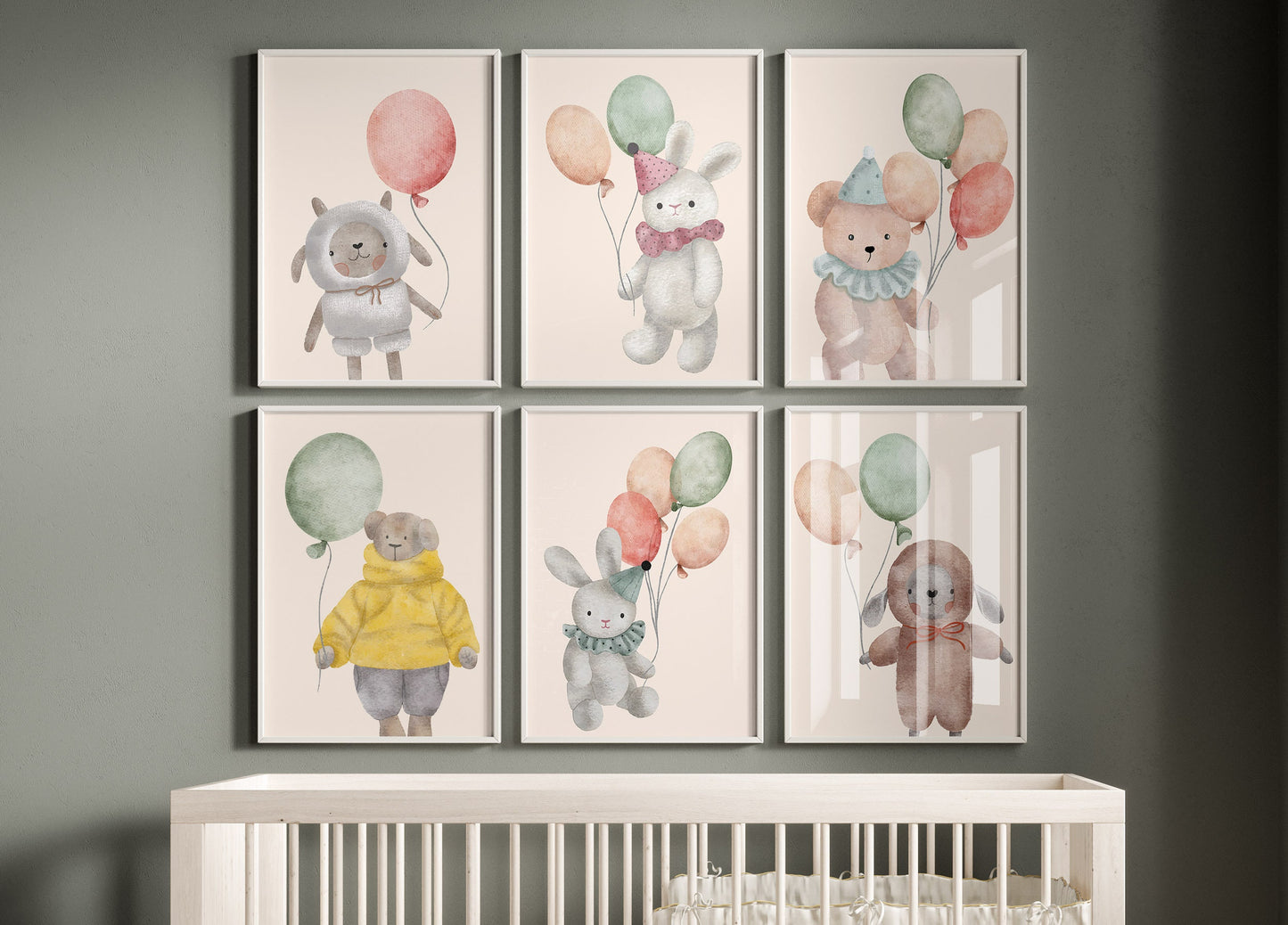 Watercolor Stuffed Animals with Balloons Nursery Art Prints