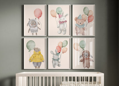 Watercolor Stuffed Animals with Balloons Nursery Art Prints