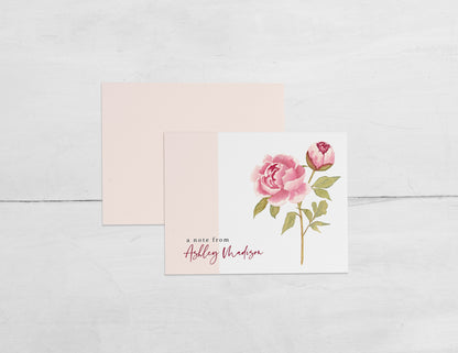 Personalized Note Cards, Watercolor Peony, Monogram Stationary
