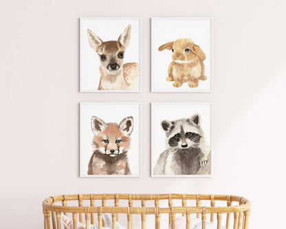 Set of 4 Woodland Baby Animals Watercolor Prints for Nursery, Child's Room Artwork