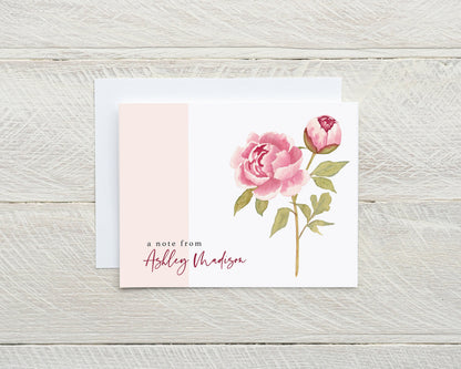 Personalized Note Cards, Watercolor Peony, Monogram Stationary