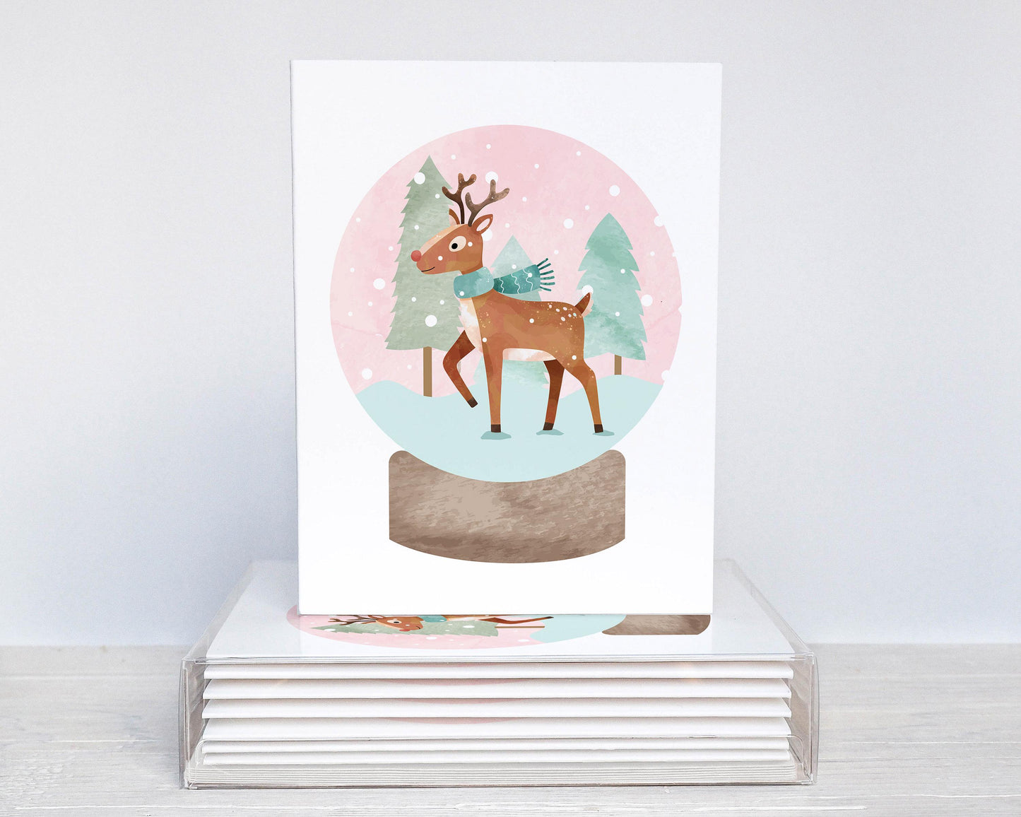 Watercolor Reindeer in a Snow Globe Christmas Cards – Set of A2 Holiday Cards, Blank Inside