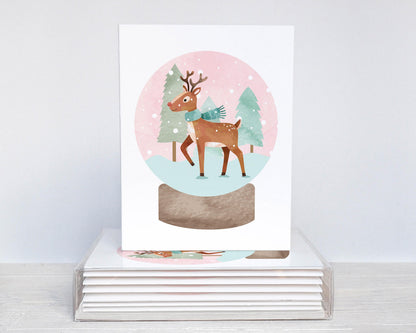 Watercolor Reindeer in a Snow Globe Christmas Cards – Set of A2 Holiday Cards, Blank Inside