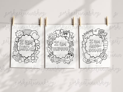 Positivity Coloring Pages, Affirmational, Inspirational Phrases