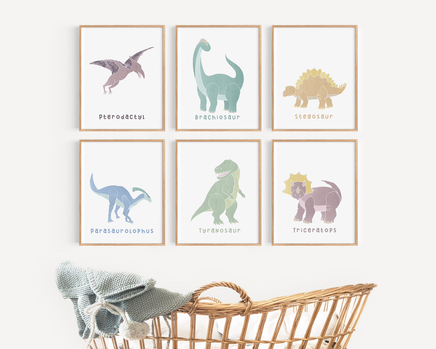 Set of 6 Dinosaur Watercolor Prints, Nursery Wall Art