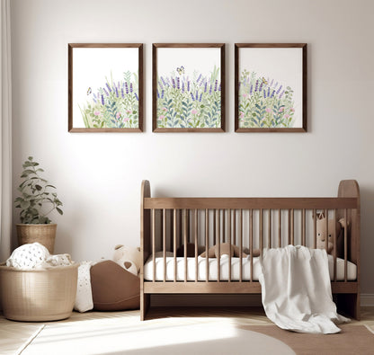 Field of Lavender Flowers, Watercolor Set of Prints, Nursery Wall Art